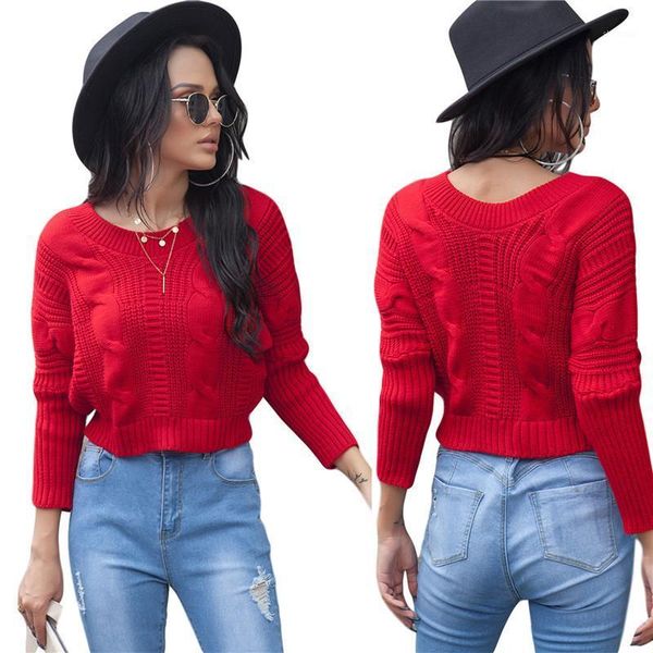 

autumn winter women long sleeve sweater korean style loose twist knitted short design pullover turtleneck round neck warm, White;black