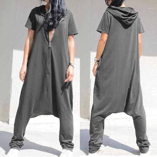 

vintage women's jumpsuits plus size overalls 2020 celmia short sleeve hoodies playsuits casual drop-crotch zipper long rompers 71, Black;white