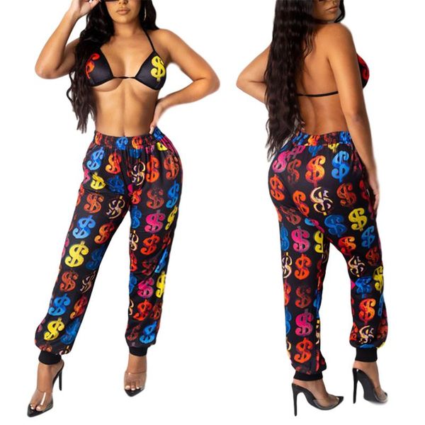 

new fashion women ladies autumn casual high waist trousers female personality dollar sign print elastic beam feet pants, Black;white