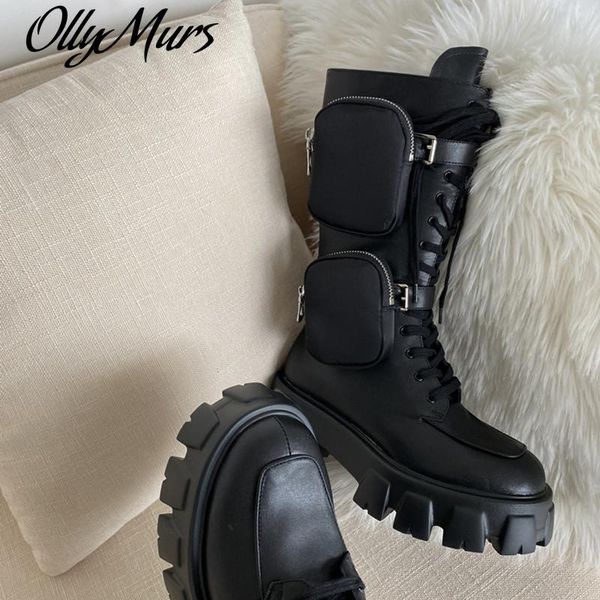 

zip pocket decor thick bottom cool women motorcycle boots female martin boots strap mid-calf women luxury, Black