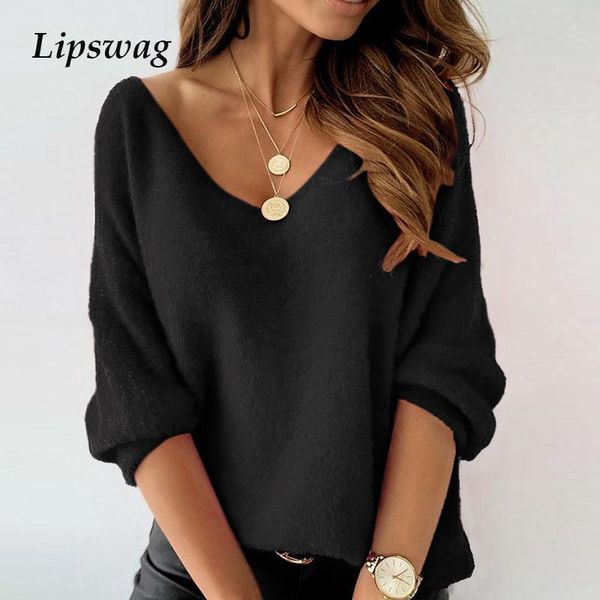 

elegant casual solid color long sleeve sweater 2021 spring autumn v-neck pullovers ladies women new fashion loose sweaters, White;black