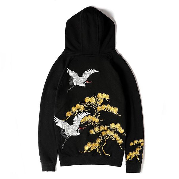 

hip hop hoodie sweatshirt men streetwear japanese crane embroidery hoodies pullover oversized cotton autumn kg-639, Black