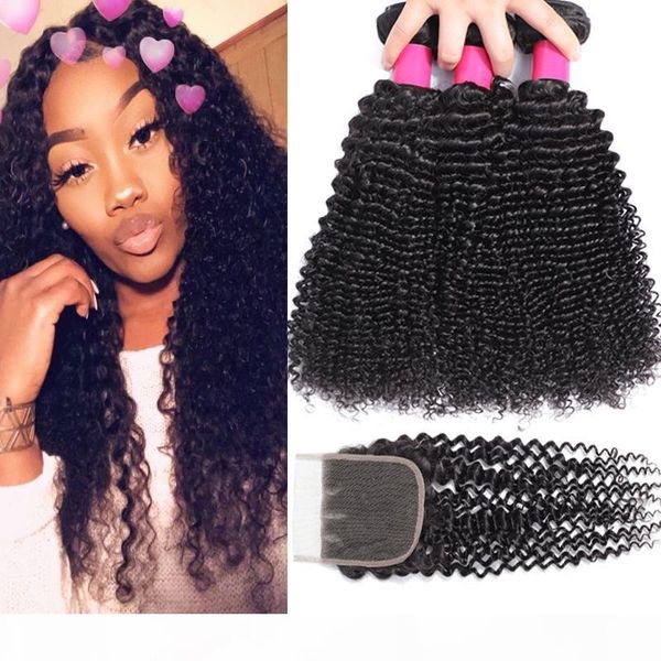 

9a brazilian curly virgin hair 3 bundles with lace closure or middle part brazilian kinky curly virgin hair brazilian curly human hair, Black