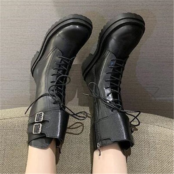 

new spring 2021 chunky shoes cross-fashion ladies mid-calf women's lasso-up high high-heeled tube medium boots sjog, Black