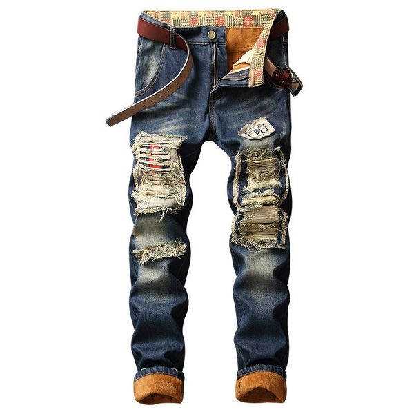 

men's jeans 2y winter elastic retro mid waist hole patch straight tube thickened plush trousers wholesale private, Blue