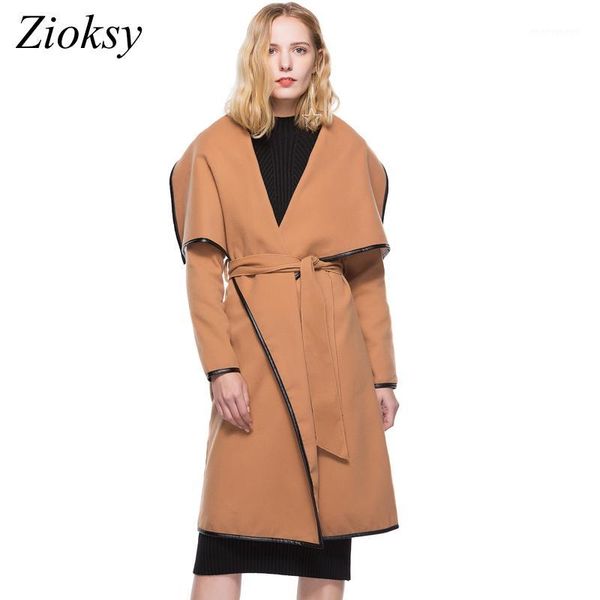 

new autumn winter wool coat women long sleeve two-sided velvet pu leather side long trench coat sashes1, Tan;black