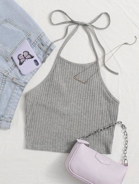 

tie back rib-knit crop halter w5br#, White