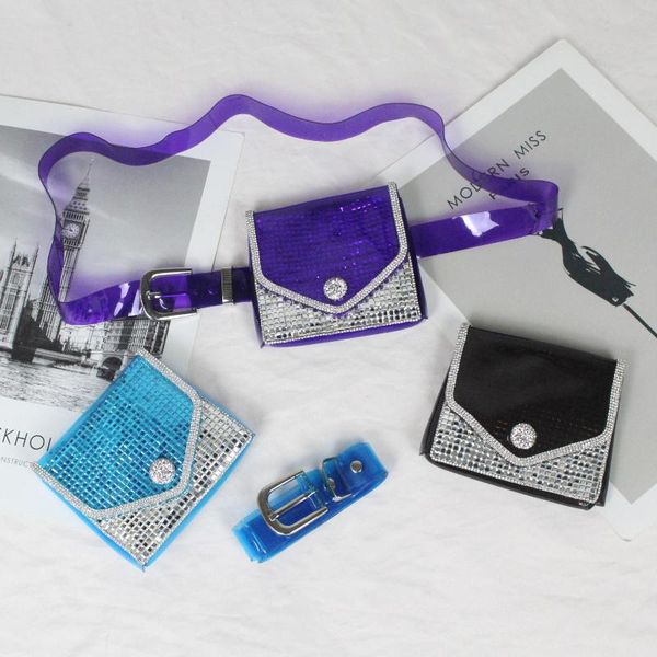 

mini pvc fanny pack blue purple plastic transparent waist belt with bag casual street rhinestone jelly bag women coin waist