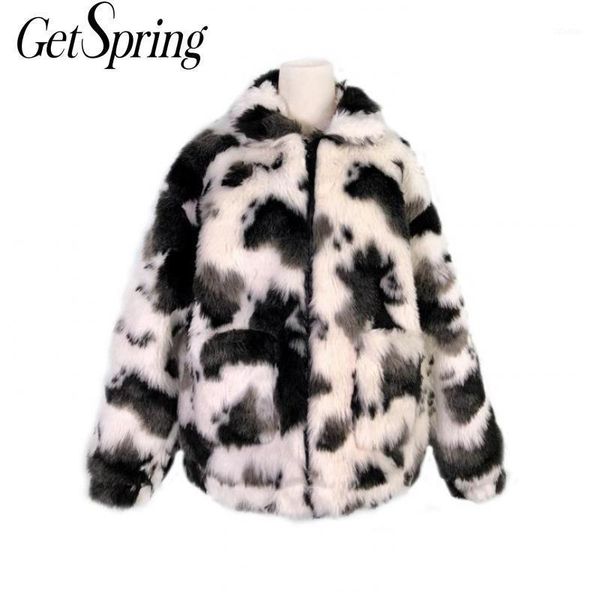 

women's fur & faux getspring women coat color matching warm lining vintage plus size loose winter overcoat 2021 1, Black