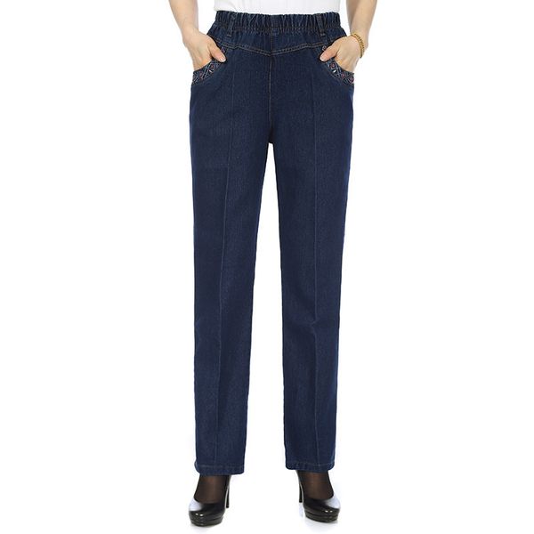 

mom jeans dark blue plus size elastic jean 2019 new spring korean casual embroidery straight slim jeans mid-aged women pants jd1 1017
