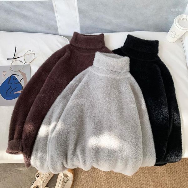

winter flocking turtleneck sweater men's warm fashion casual knitted pullover men loose koreanknitting sweaters mens clothes1, White;black