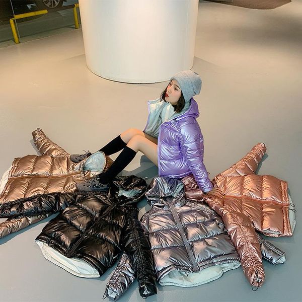 

2020 autumn women's winter coats fashion glossy stand parkas winter jacket women shinny padded cotton hooded coat, Black