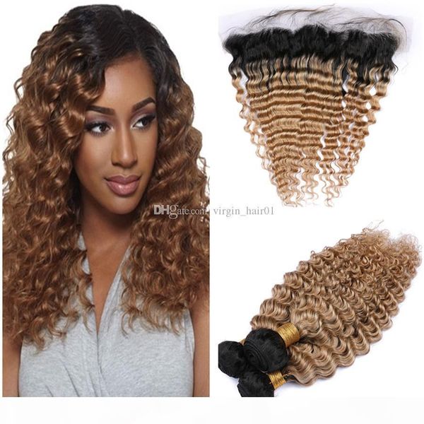 

honey blonde ombre deep wave hair bundles with frontal closure two tone 1b 27 light brown deep curly virgin peruvian human hair, Black;brown