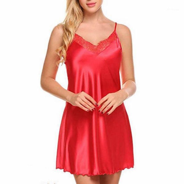 

women nightdress lace floral hollow out v neck solid color ladies soft shiny satin femme nighty nightwear plus size1, Black;red