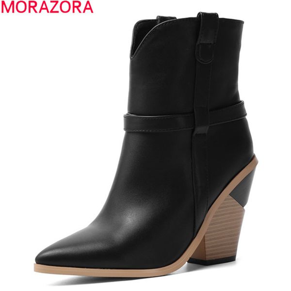 

morazora 2020 new women boots thick high heels pointed toe ankle boots winter black white color ladies footwaer 1026