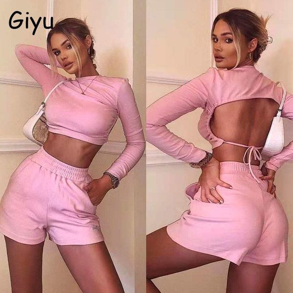 

giyu 2 piece set women 2021 autumn lace up crop and shorts tracksuit backless long sleeve sport matching set, Gray
