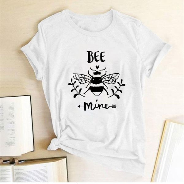 

bee mine printed t-shirts women summer 2020 graphic tee aesthetic shirts for women fashion short sleeve ladies cotton femme, White