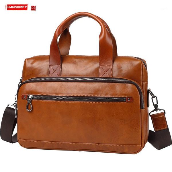 

business handbag men's leather briefcase men 14 inch lapbag casual shoulder slant computer bag large capacity leather bags1
