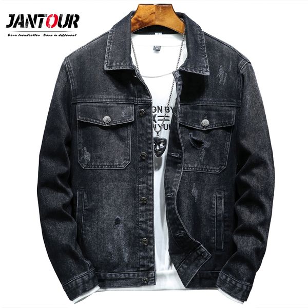 

jantour 2020 new jacket men autumn winter men clothing fashion letter print thicken denim jacket turn-down collar big size m-4xl c1018, Black;brown