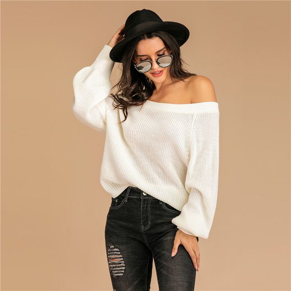 

collar stitching sweater women's autumn and winter pullover loose bat sleeves strapless sweater, White;black