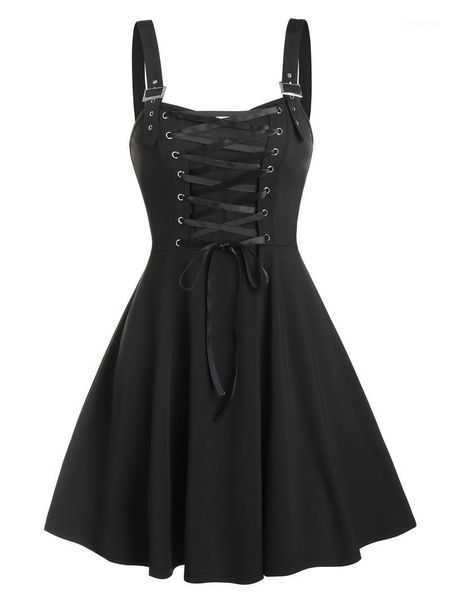 

wipalo lace up buckle strap a line dress gothic harajuku vintage summer sleeveless party dress women plus size casual1, Black;gray
