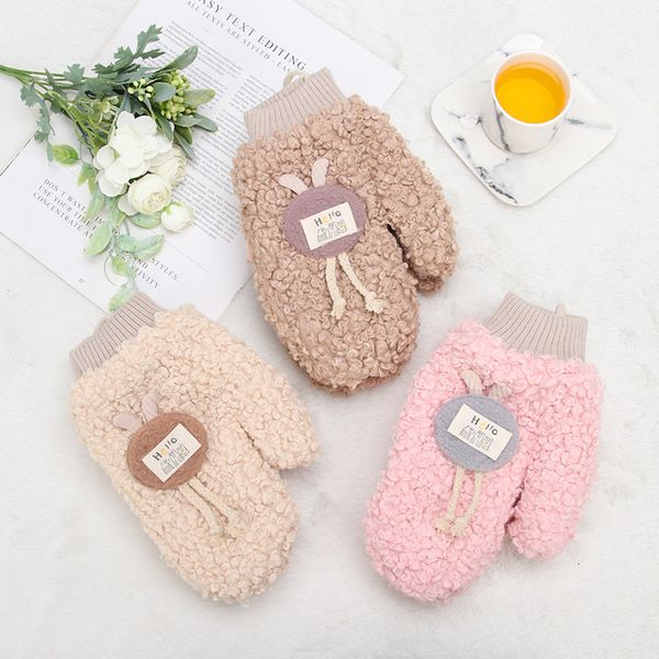 

warm roll plush women's korean lovely outdoor thickened hanging neck student all finger winter gloves, Blue;gray