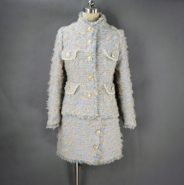 

2020 new autumn winter skirt suits women runway wool tweed blazer jacket mini skirt 2 piece set, White