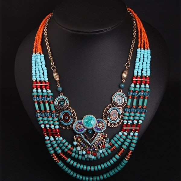 

exaggerated retro ethnic bohemian statement layered beads necklace pendant woman costume jewelry accessories y200730, Silver