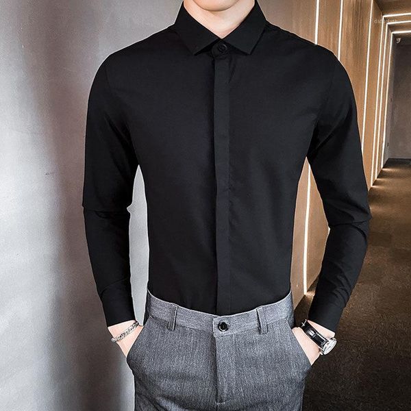 

2021 new spring autumn fashion cotton long sleeve shirt solid slim fit male social casual business large size dress shirt d2701, White;black