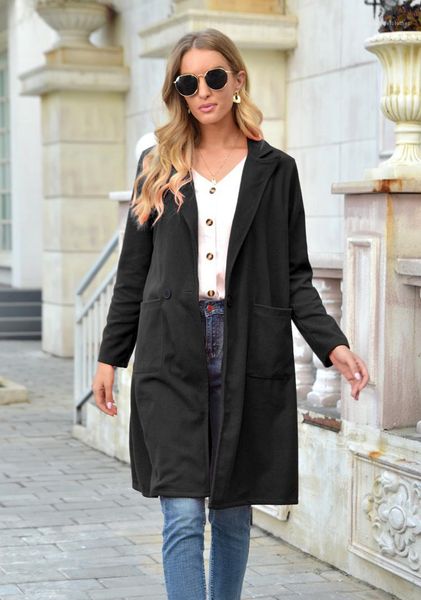 

осень зима длинные пальто дамы карманные бленды женщин одной кнопки шерстяное пальто с длинным рукавом нагрудные шеи, Black