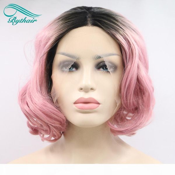 

bythairshop high temperature fiber short bob wavy wig dark roots to sakura pink synthetic lace front wigs for women girl lady cosplay, Black