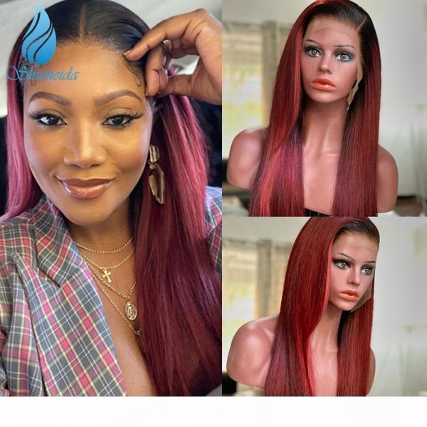 

ombre 13*6 lace front human hair wigs for women 150% density brazilian remy human hair short bob red wig with baby, Black;brown