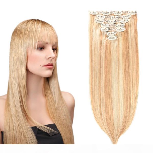 

popular clip in human hair 7pcs 150g 14''-28'' mix piano color 27 613 remy clip in hair extension european hair, Black