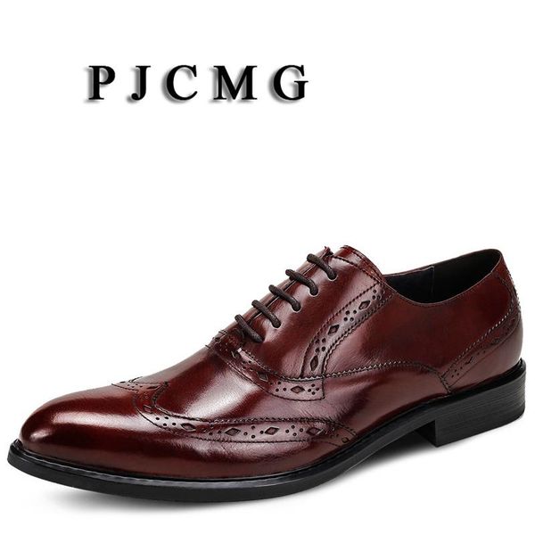 

PJCMG New Breathable Men Business Lace-Up Black/Red Carved Pointed Toe Formal Dress Genuine Leather Wedding Oxfords Office Shoes