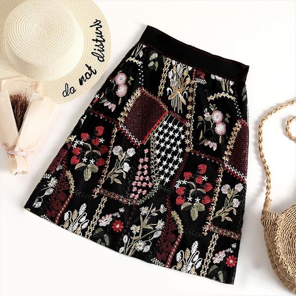 

vintage heavy embroidery black tulle skirt women spring summer a line high waisted wrap mesh skirt jupe tulle femme