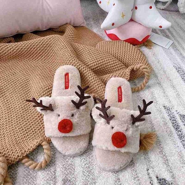 

1pair christmas elk warm velvet soft women slipers winter indoor non-slipe bedroom xmas deer shoes female slippers size 36-38, Black