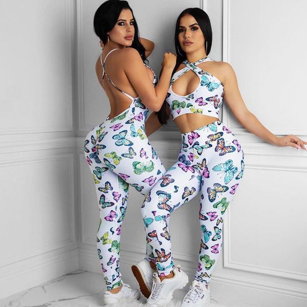 

butterfly print rompers jumpsuit 2020 new women sleeveless backless halter rompers yoga sports running bodycon jumpsuit hot, Black;white
