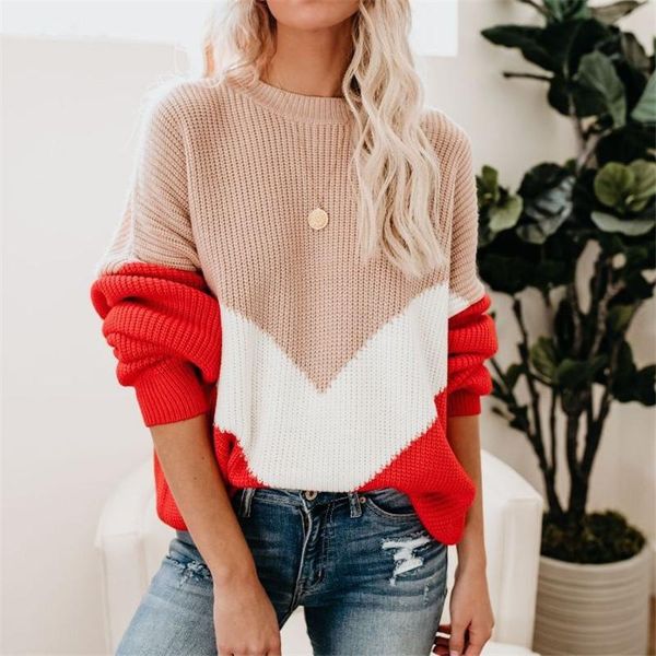 

women loose knitted sweater jumpers long sleeve o-neck woman pullovers sweater 2020 autumn winter color block casual, White;black