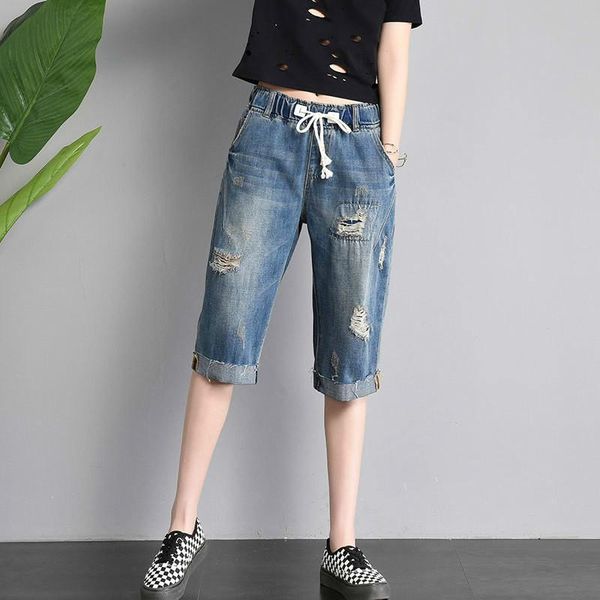 

women's jeans 2021 summer ripped holes short pants women casual loose high waist capri trousers female, Blue