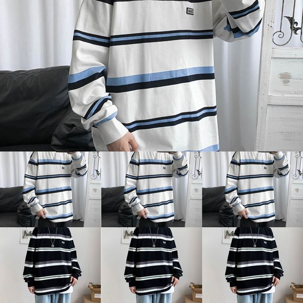 

spring and autumn ins color matching stripe long sleeve for t-shirt sweatersweater sweater men and korean fashion lovers loose thin t-shirt, Black