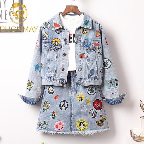

2020 new large size embroidery epaulet denim jacket coat + mini jean skirt outfits fashion women suit office two piece set s-5xl, White