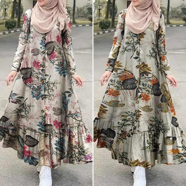 

women's autumn sundress zanzea 2020 turkish printed ruffle dress vintage floral maxi vestidos dubai female button islam robe1, Red