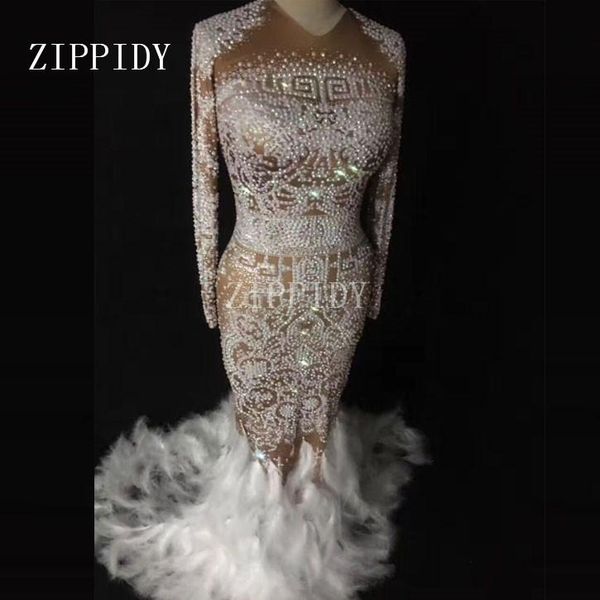 

sparkly rhinestones feather nude dress nightclub full stones long big tail dress costume prom birthday celebrate dresses, Black;red