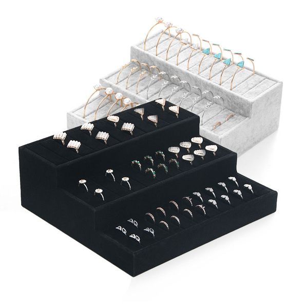 

black/grey velvet 3-layers bracelet holder showing rack 30 slots velvet ring storage bracelet display tray 24*26*19cm