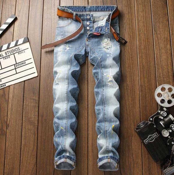 

20ss men's brand designers jeans distressed ripped biker slim fit motorcycle biker denim for mens leisure fashion jeans a110, Blue
