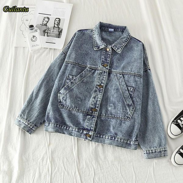 

guilantu denim basic jacket women single breasted big pocket casual vintage loose coat female harajuku high street jeans jackets1, Black;brown