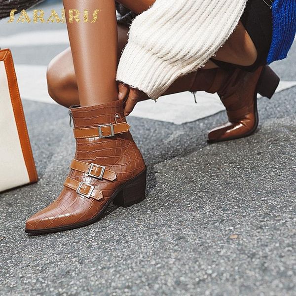 

sarairis new fashion 2020 plus size 48 pointed toe zip up ankle boots women buckle decoration high heels shoes ladies boots, Black