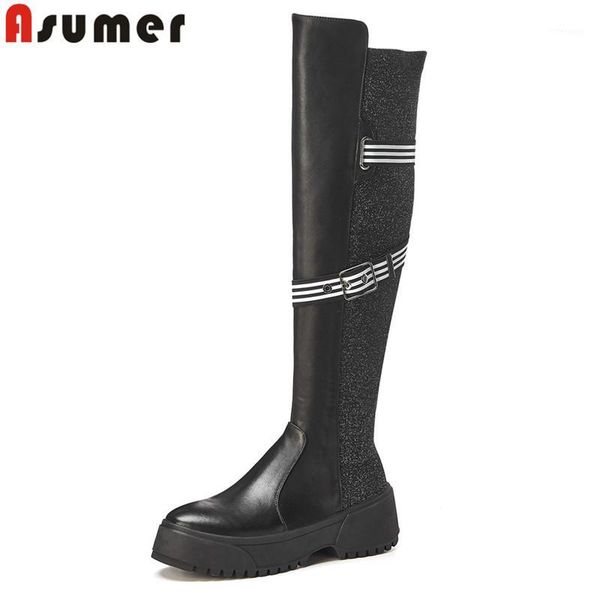 

boots asumer fashion over the knee women flat platform genuine leather zip thick bottom increase ladies 2021 1, Black