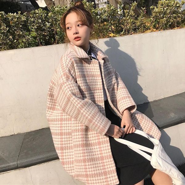 

2020 winter wool coat female korean fashion casual warm plaid jacket long coats elegant ladies vintage outwear lw6581, Black