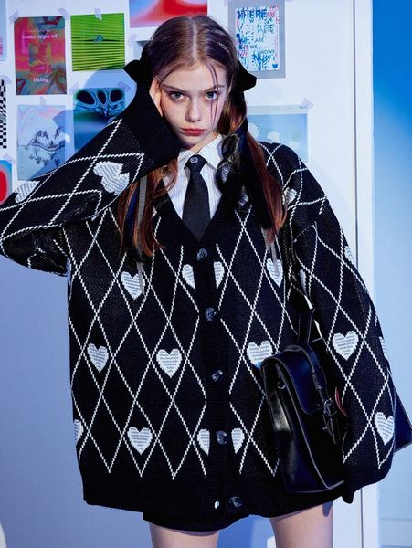 

heart & argyle pattern drop shoulder cardigan s8d1#, White